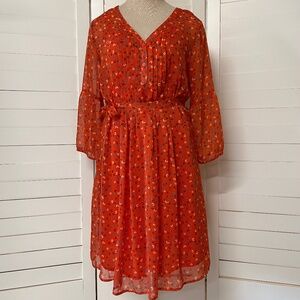 Old Navy Sheer Red Floral Belted Dress With 3/4 Sleeves Size Medium